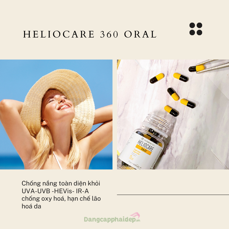 Viên uống chống nắng nội sinh Heliocare 360 Oral - Chống nắng toàn diện khỏi UVA-UVB -HEVis- IR-A, hỗ trợ chống oxy hoá, hạn chế lão hoá da.