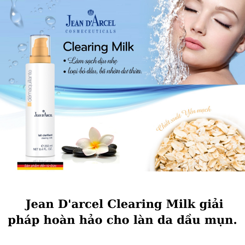 Jean D'arcel Clearing Milk chiết từ BHA thế hệ mới và yến mạch mang lại làn da sạch mụn, trong mướt.