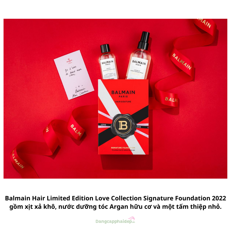 Balmain Hair Limited Edition Love Collection Signature Foundation 2022 gồm xịt xả khô, nước dưỡng tóc Argan hữu cơ và một tấm thiệp nhỏ.